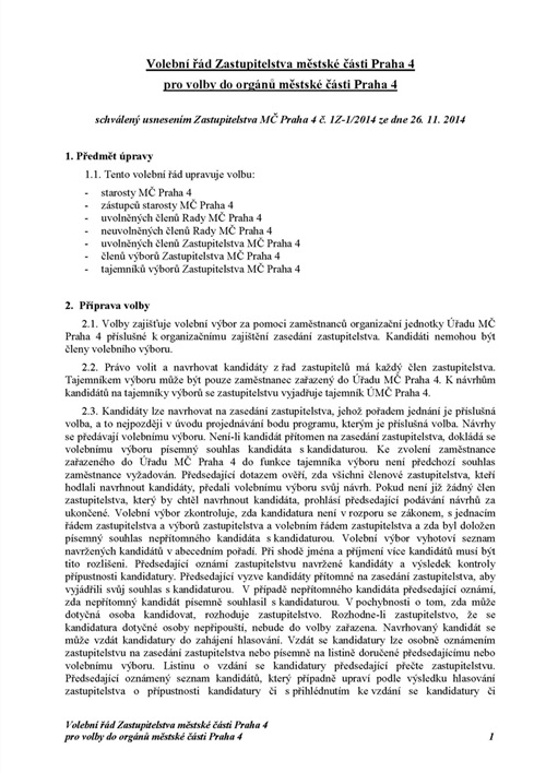 Volební řád Zastupitelstva MČ Praha 4 pro volby do orgánů městské části Praha 4 (2014 - 2018)