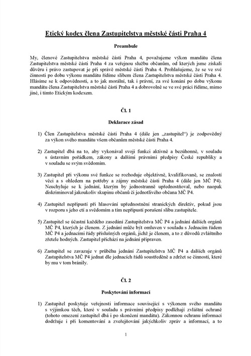 Etický kodex člena Zastupitelstva městské části Praha 4