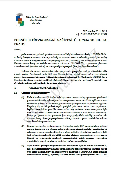 Podnět na Ministerstvo pro místní rozvoj k řezkoukmání nařízení š. 11/2014 S. hl. m. Prahy - MČ Praha 4
