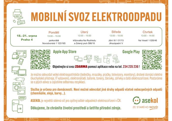 Mobilní svoz elektroodpadu pro občany zdarma - srpen 2025 Mobilní svoz elektroodpadu pro občany zdarma - srpen 2025