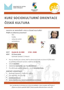 Rozebíhají se podzimní kurzy - Kurz sociokulturní orientace - Geografie ČR, Česká kultura, (Ne)spisovná čeština
Ve spolupráci s Centrem pro integraci cizinců, o. p. s opět plánujeme organizaci tří kurzů sociokulturní orientace pro cizince. Cílem těchto seminářů je seznámit cizince s mírně pokročilou i pokročilou znalostí češtiny s českými reáliemi, kulturními a sociálními zvyklostmi typickými pro české prostředí. Obsah seminářů pokrývá mimo jiné zkoušku z reálií pro získání českého občanství. Kromě toho zábavnou formou seznamuje cizince s českým prostředím. 
Plánované semináře: 
•	Geografie ČR:                   čtvrtek 1. 10.     17:45 – 20:00 
•	Česká kultura:                  čtvrtek 22. 10.   17:45 – 20:00
•	(Ne)spisovná čeština:   čtvrtek 12. 11.   17:45 – 20:00
Prezentace proběhnou ve výukovém centru organizace CIC Nová půda na adrese Karlínské náměstí 7 na Praze 8. Pro děti bude v době prezentace zajištěn program v rámci Dětského klubu. Na akci je nutná registrace, kapacita je omezená.
