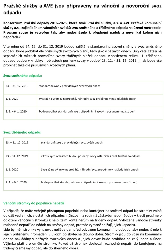 svoz odpadů mezi svátky na konci roku 2019