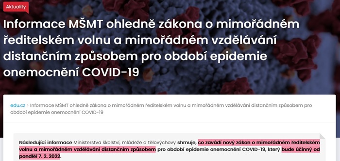 Informace MŠMT ohledně zákona o mimořádném ředitelském volnu a mimořádném vzdělávání distančním způsobem pro období epidemie onemocnění COVID-19