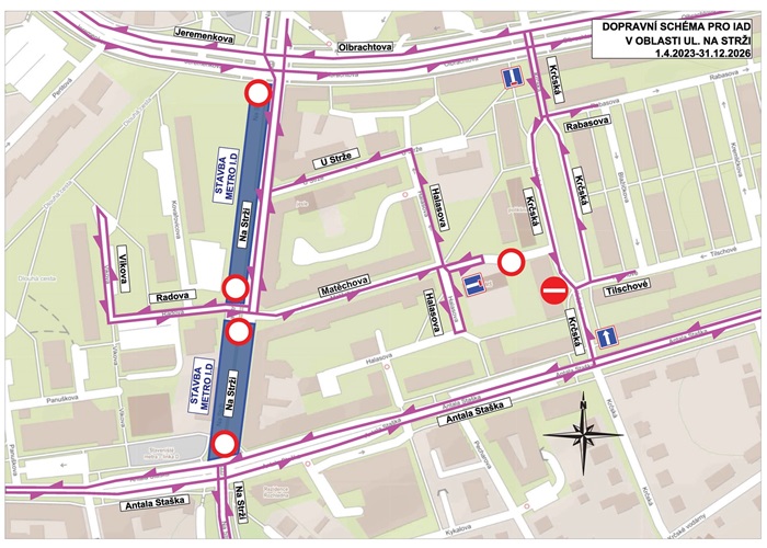 Ulice Na Strži - schéma uzavírky pro IAD i BUS v 5. etapě stavby metra 1D