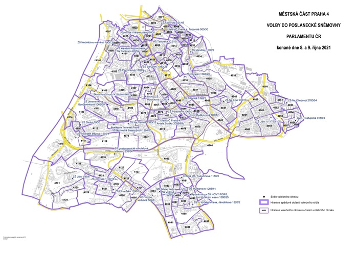 Mapa okrsků na Praze 4 - volby 2021