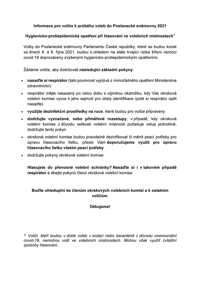 Hygienicko-protiepidemická opatření při hlasování ve volebních místnostech