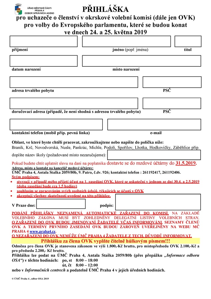 Přihláška za člena okrskové volební komise-V1