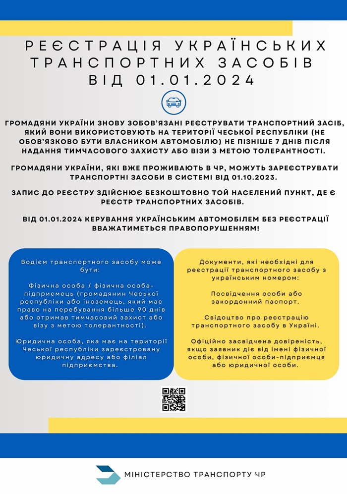 Leták MD ČR o povinné registraci vozidel pro UA